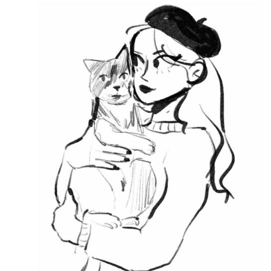 A drawing of a girl holding a black and white cat